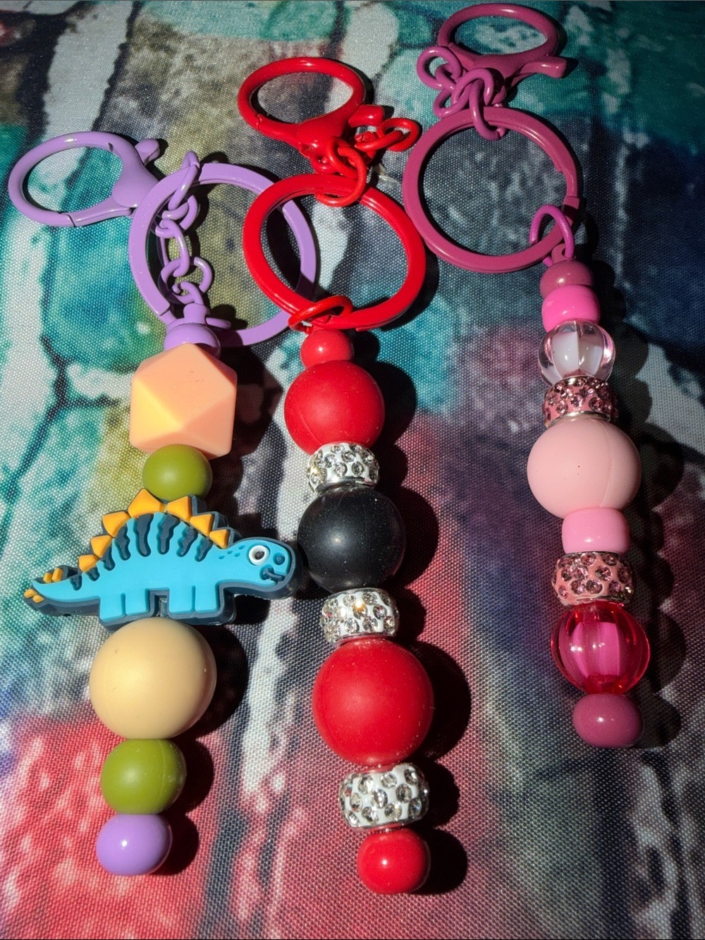 Handmade Multicolor Beaded Key & Card Holder Set - Playful Dino and Glam Styles
